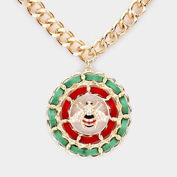 Honey Bee Green & Red Suede Round Necklace Set - Picture 2 of 7